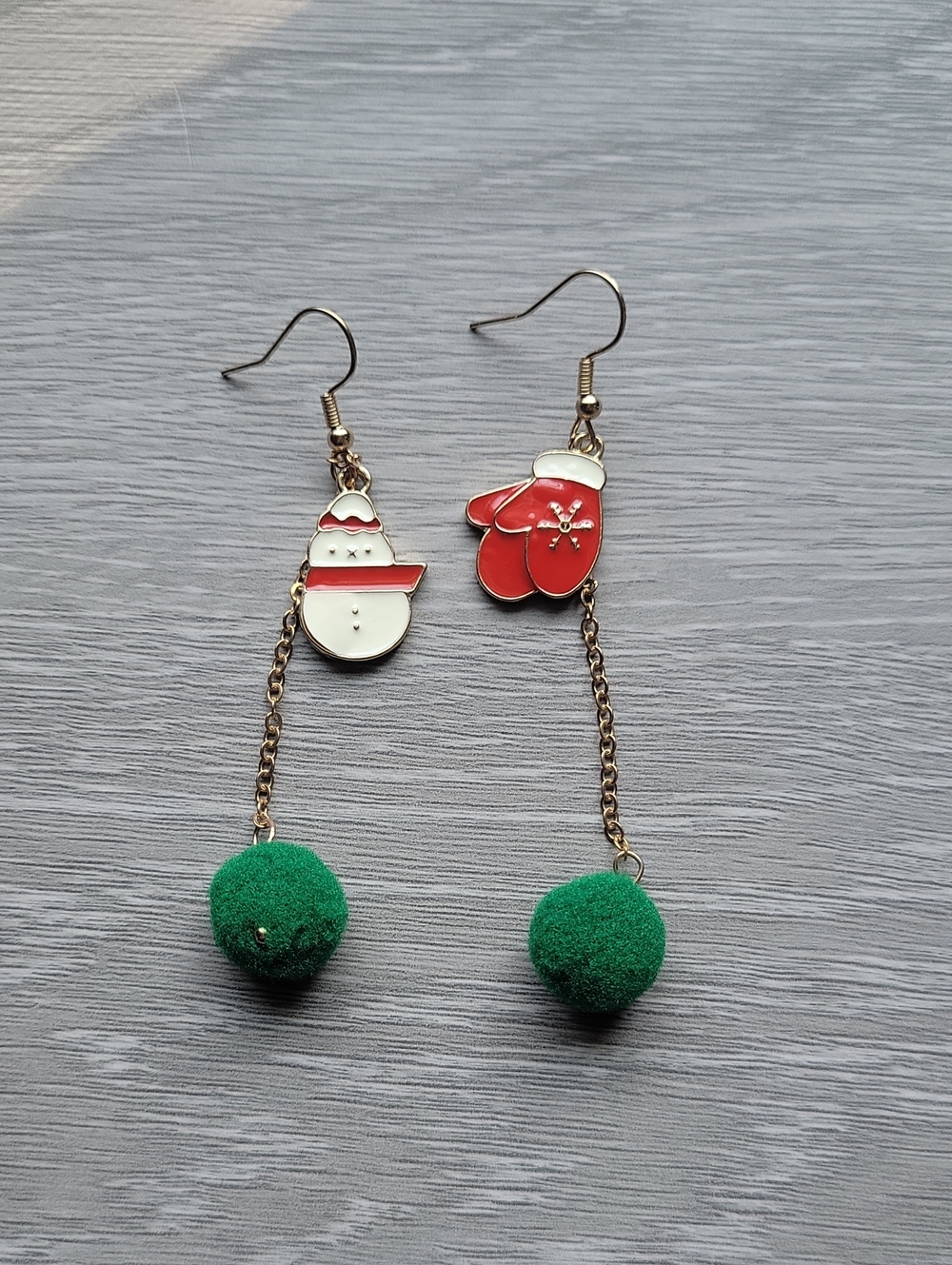 Christmas Snowman & Mitten Dangle Earrings With Green Pom Pom